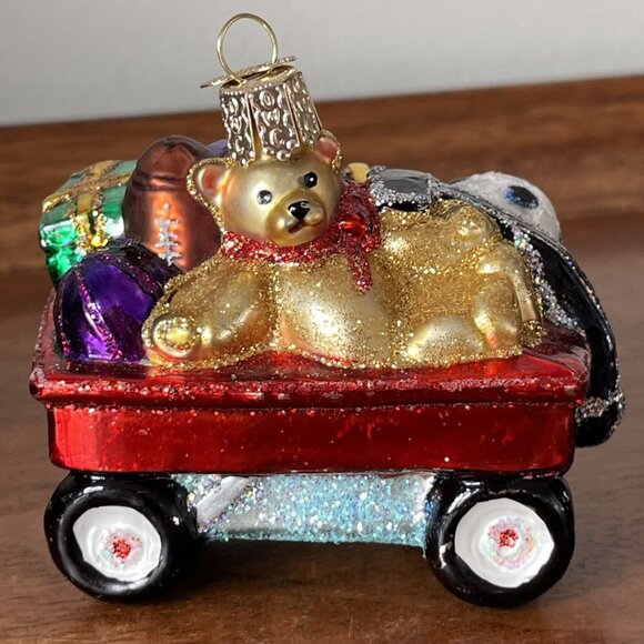 Merck Family's Old World Christmas Glass Ornament Teddy Bear in Wagon Toys Gifts - Picture 1 of 9